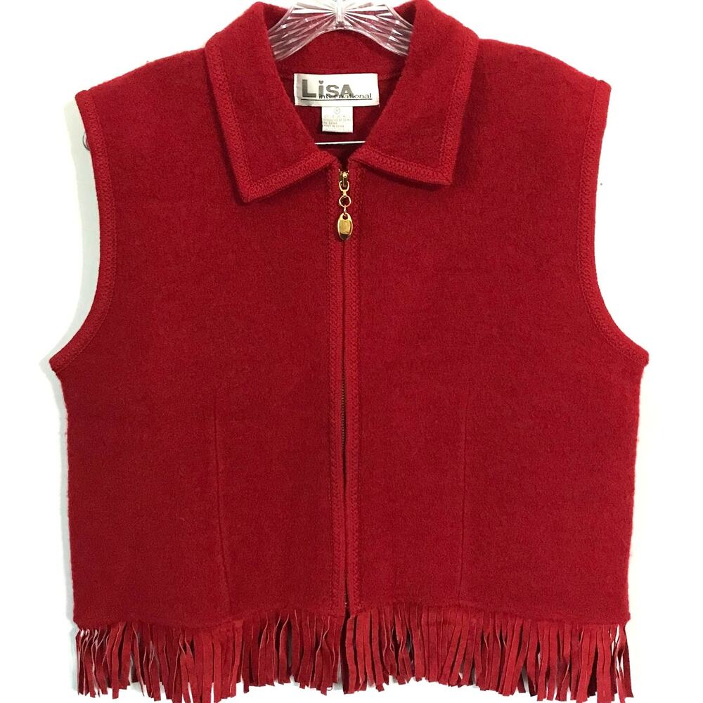 Lisa International Vest Medium Womens Wool Western Red Collared Zip Front Fringe